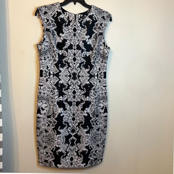 R&K Black & White Sheath‎ Dress Sleeveless Knee Length Party Cocktail Size 14 - Picture 1 of 10
